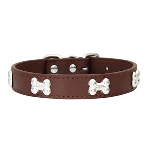 Brown Dog Collar with Silver Bone Accents